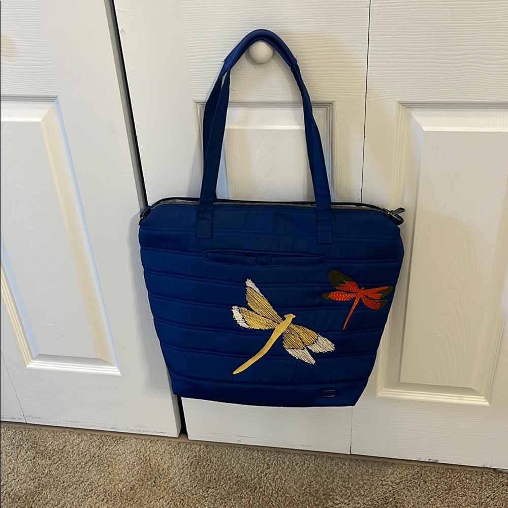 Blue Tote Bag with Embroidered Dragonflies